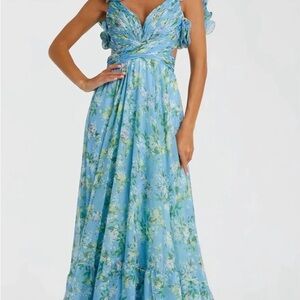 Mac Duggal Blue Ruffle Tiered Floral Cut-Out Chiffon Gown